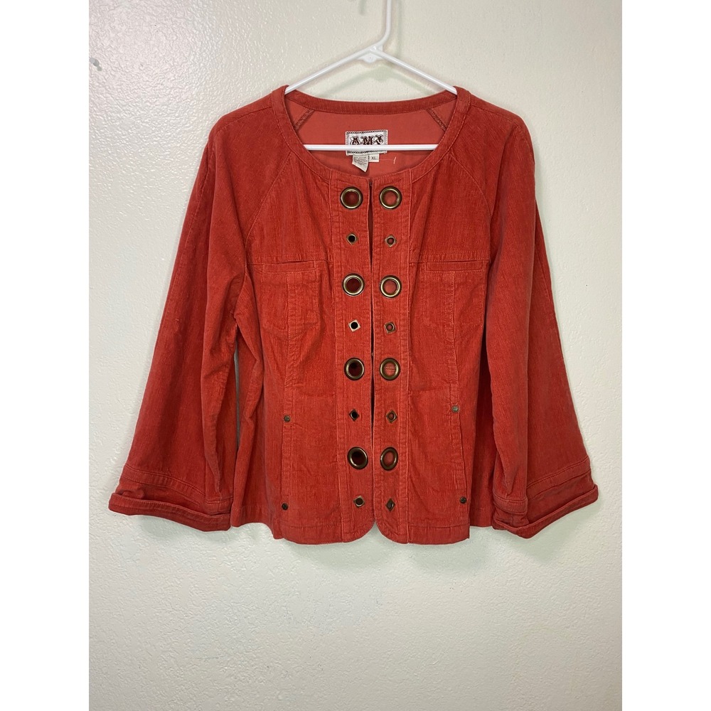 Vintage AMX Womens Rust Red Corduroy Grommet Front Jacket XL Boho